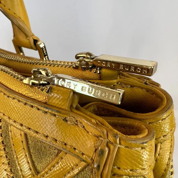 Tory Burch Mustard Gold Argyle Leather Tote Handbag $698 - Picture 8 of 16